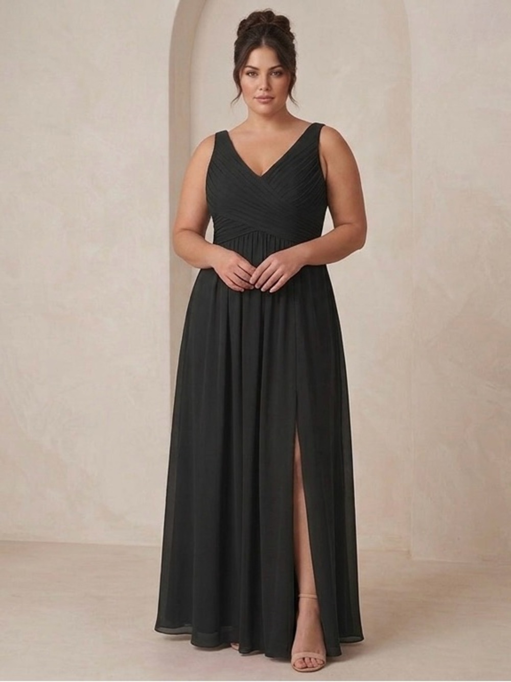 Azazie Black V-Neck Chiffon Evening Gown